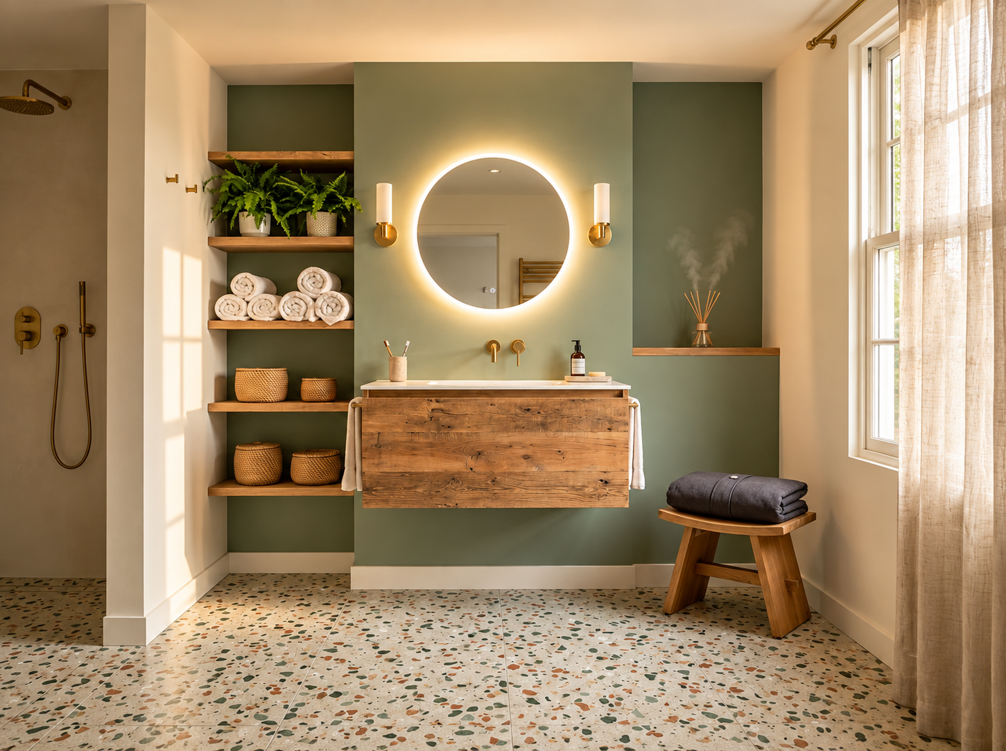 Calm and considered bathroom interior with warm natural materials creating a restful and exhaling atmosphere