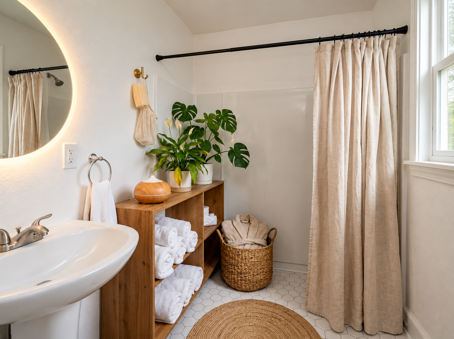 Softly lit bathroom with warm tones and considered objects making the morning routine feel unhurried and pleasant