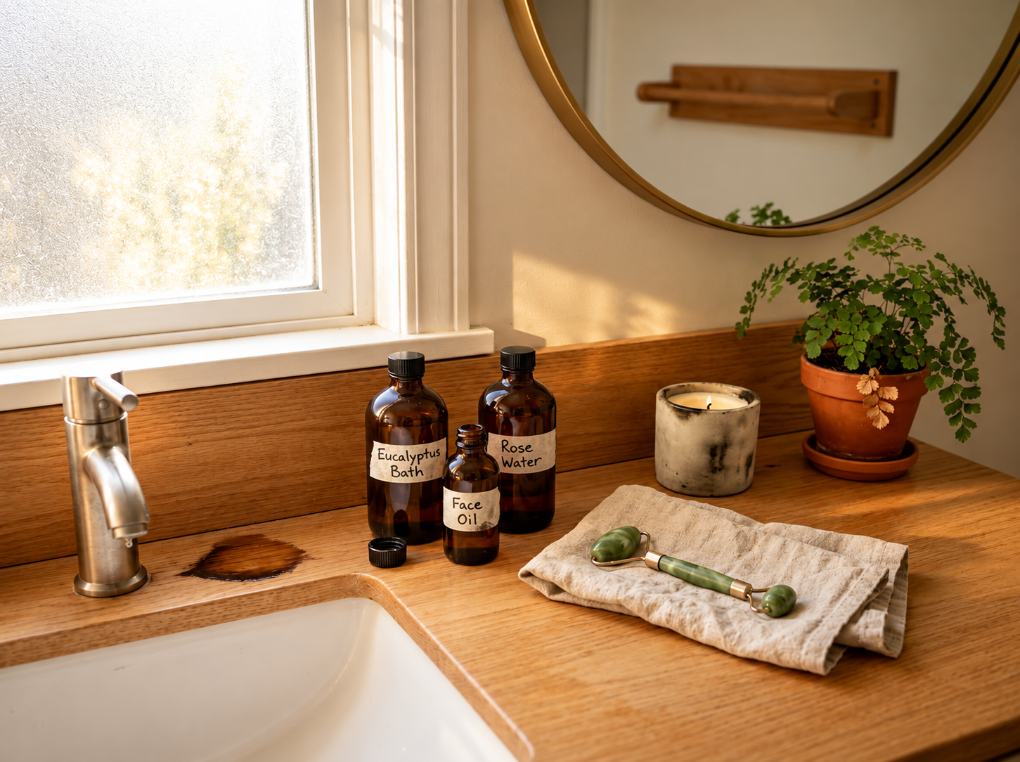 Bathroom shelf with a few carefully chosen objects arranged to create a quiet personal ritual and sense of calm