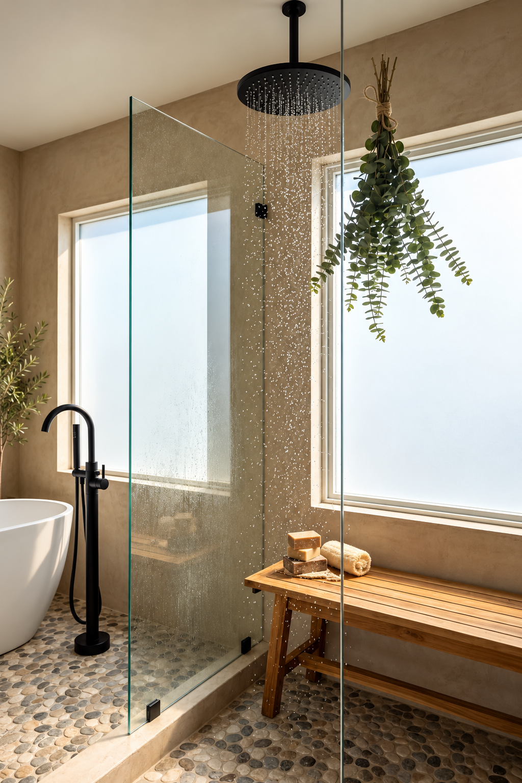 Walk-in shower with natural stone and warm light creating a calm and considered space for slowing down