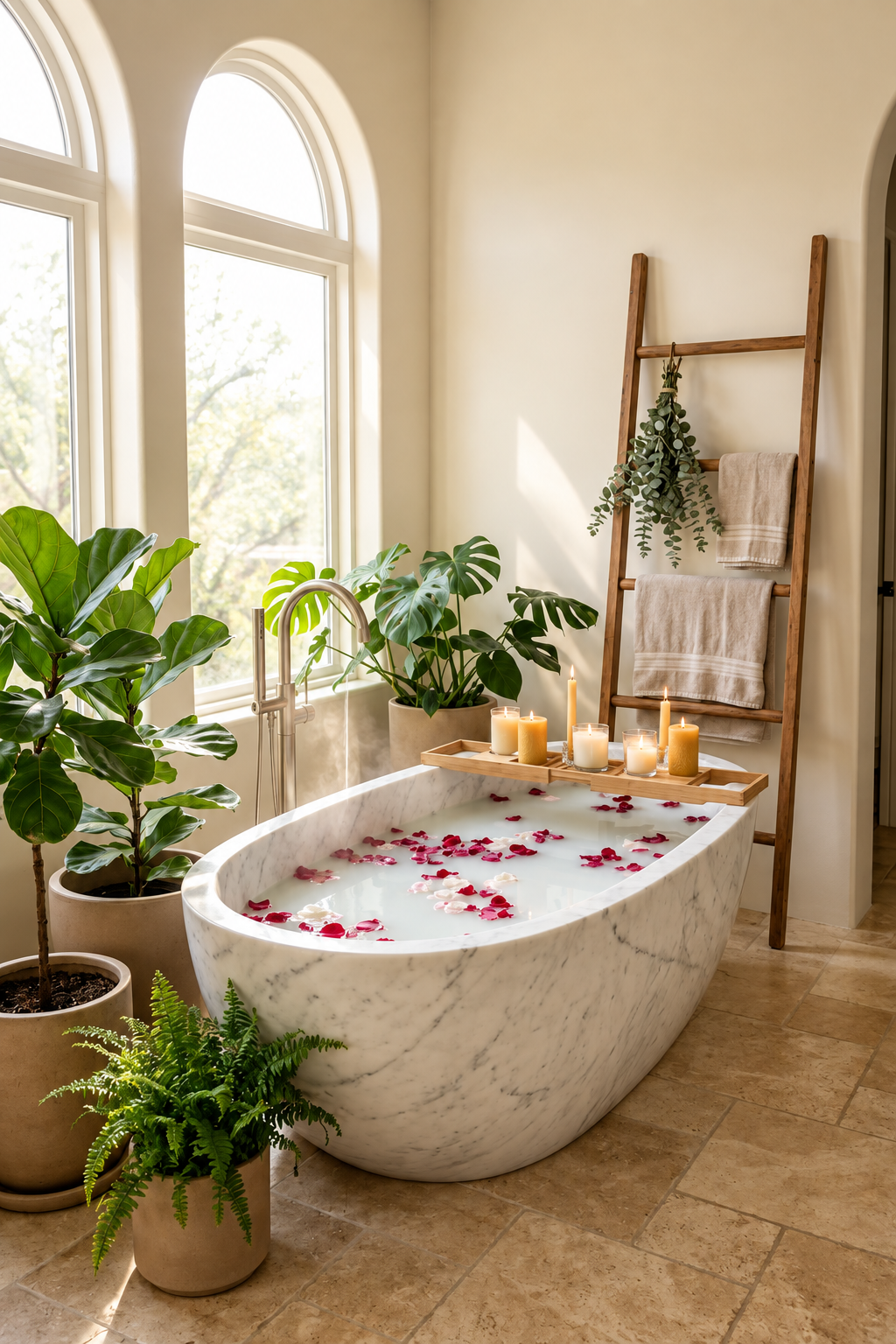 Luxurious bathroom with a freestanding bath warm light and natural materials creating a place of genuine rest