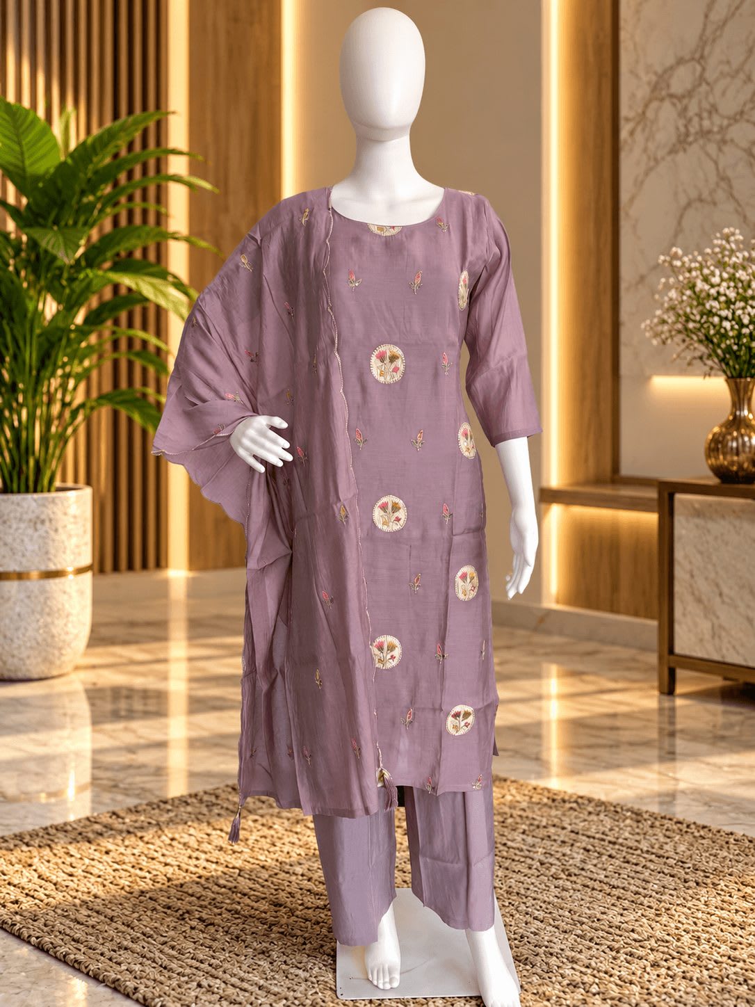 Mauve Purple Silk Kurta Set with Semi-Palazzo and Embroidery Work