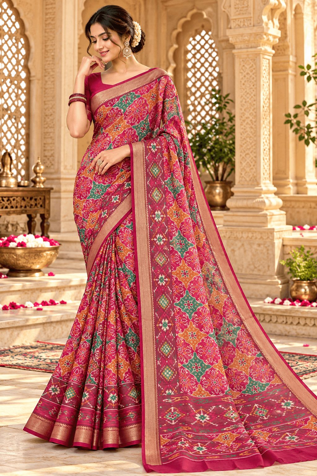 Pure Chiffon Patola Print Saree with Zari Woven Border