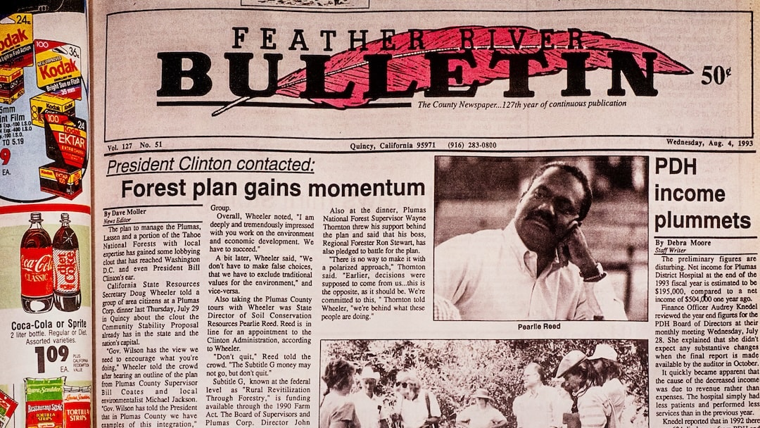 Front page of the Feather River Bulletin, August 4, 1993. Archival research at Feather Publishing in Quincy turned up real-time coverage of the Quincy Library Group from the early 1990s.
