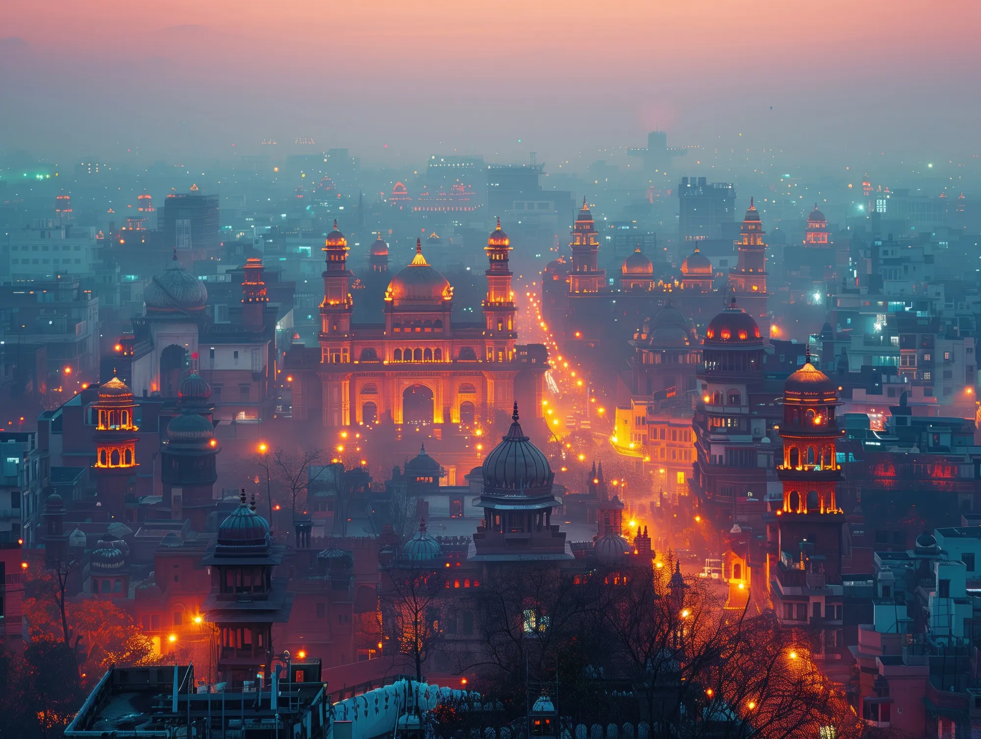 Aerial night view of an Indian city skyline