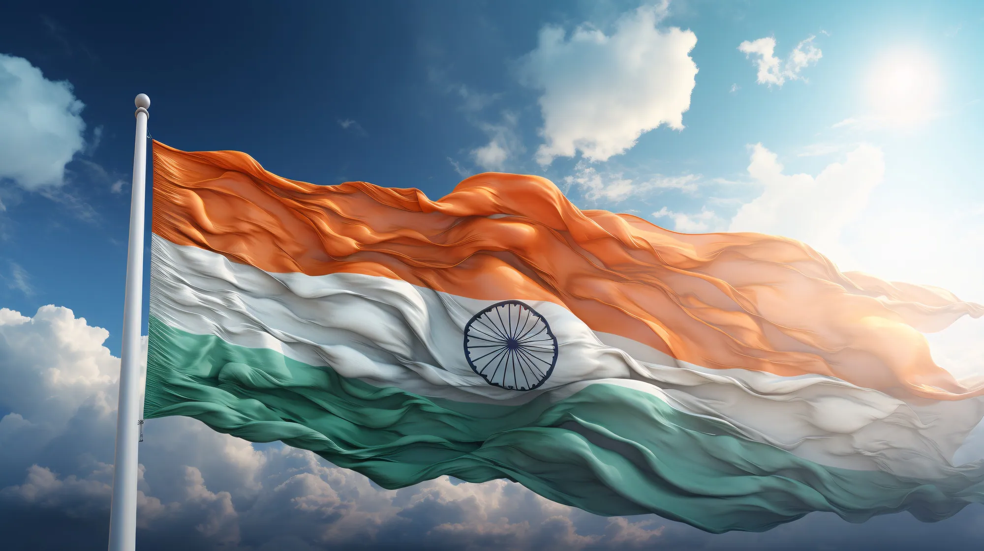 Indian national flag waving against a bright sky