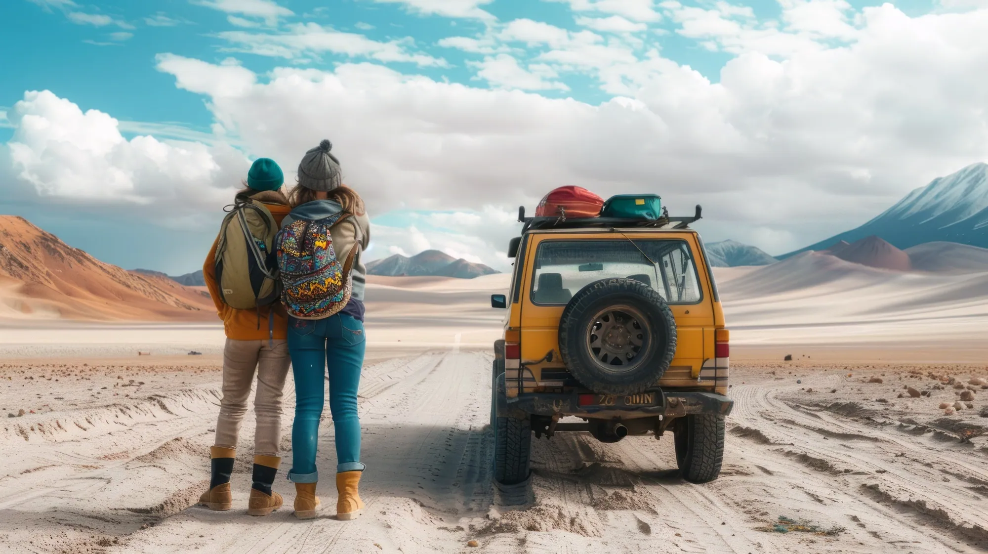 Travellers exploring the desert with their vehicle