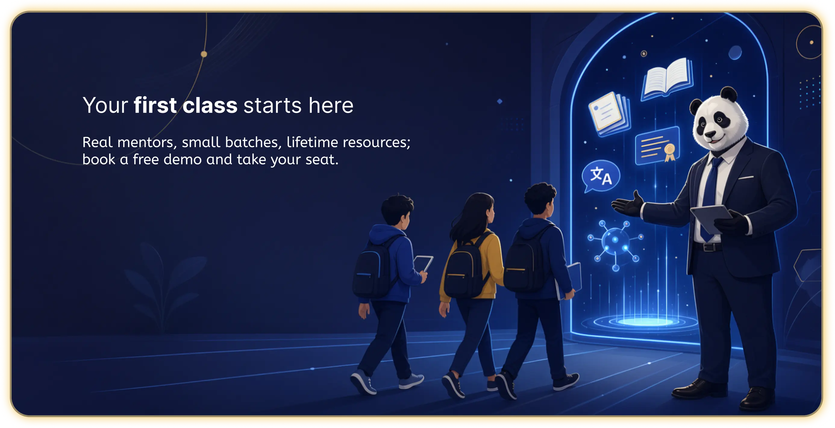 Students entering a digital classroom led by Cool Panda