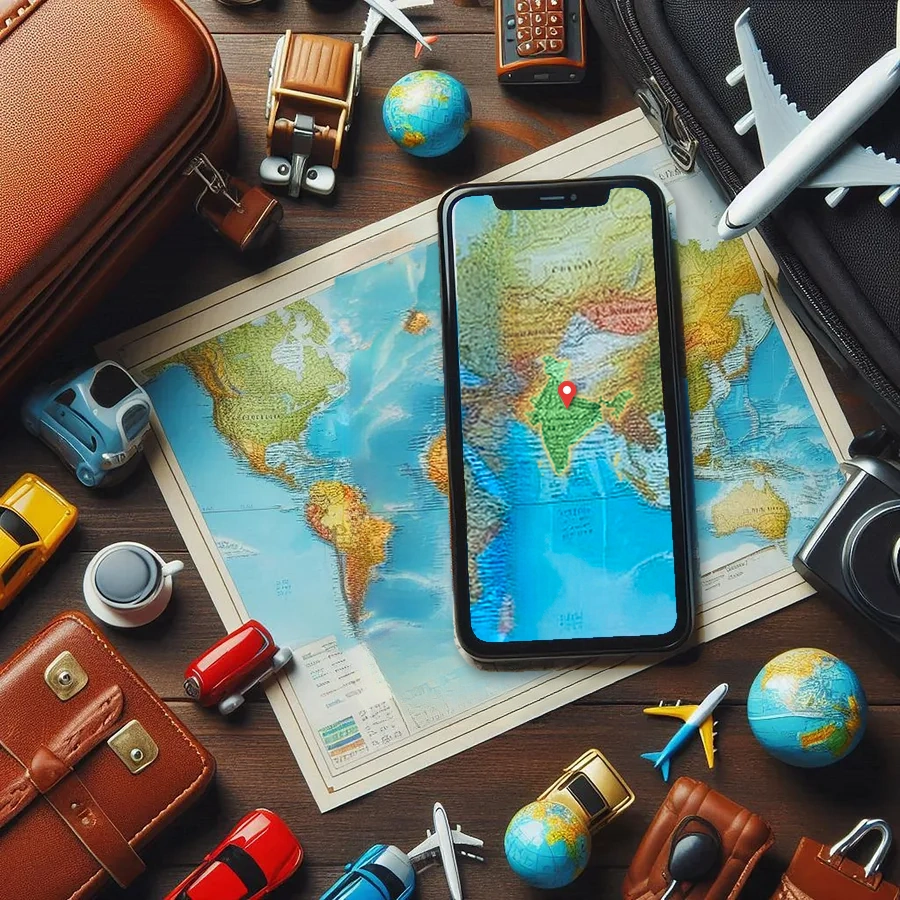 A world map, phone and travel miniatures laid out on a desk