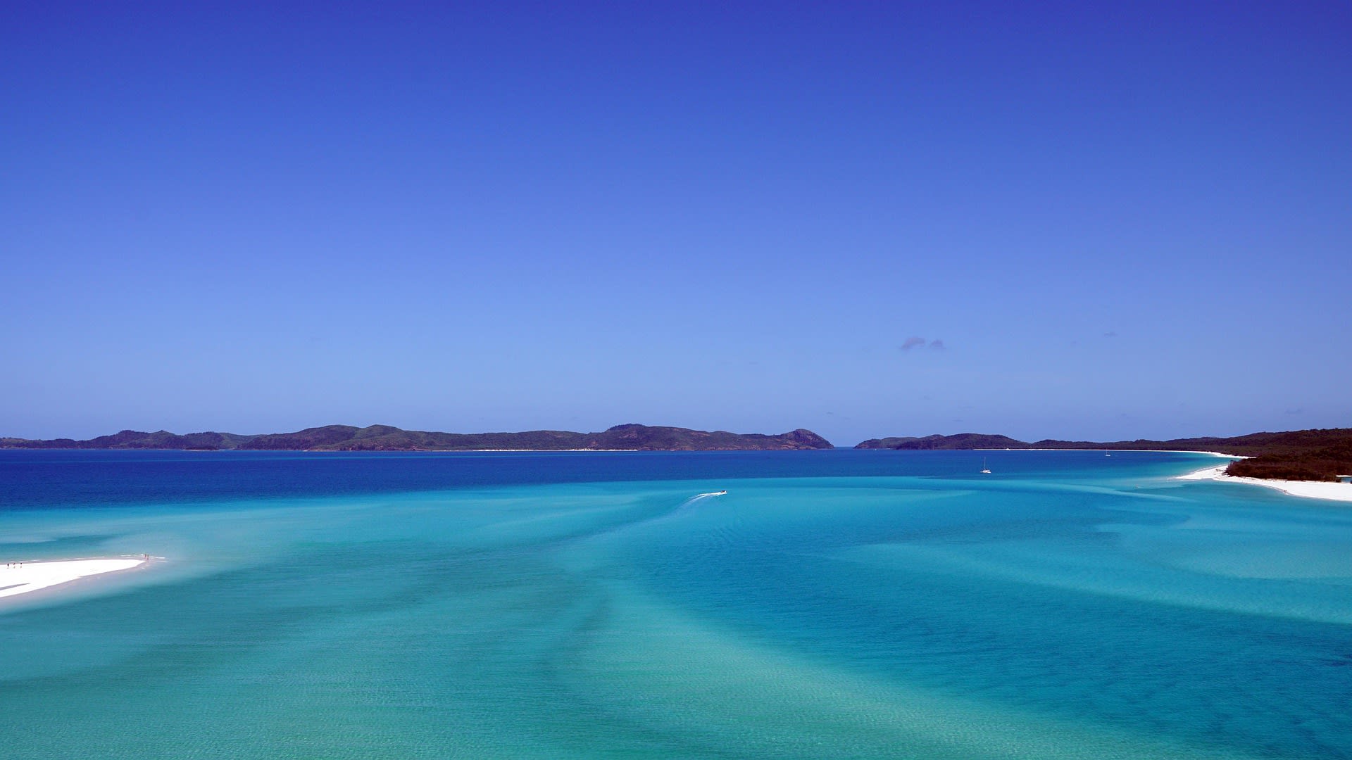 Sailboats anchored in the calm blue water of the Whitsunday Islands with forested hills behind