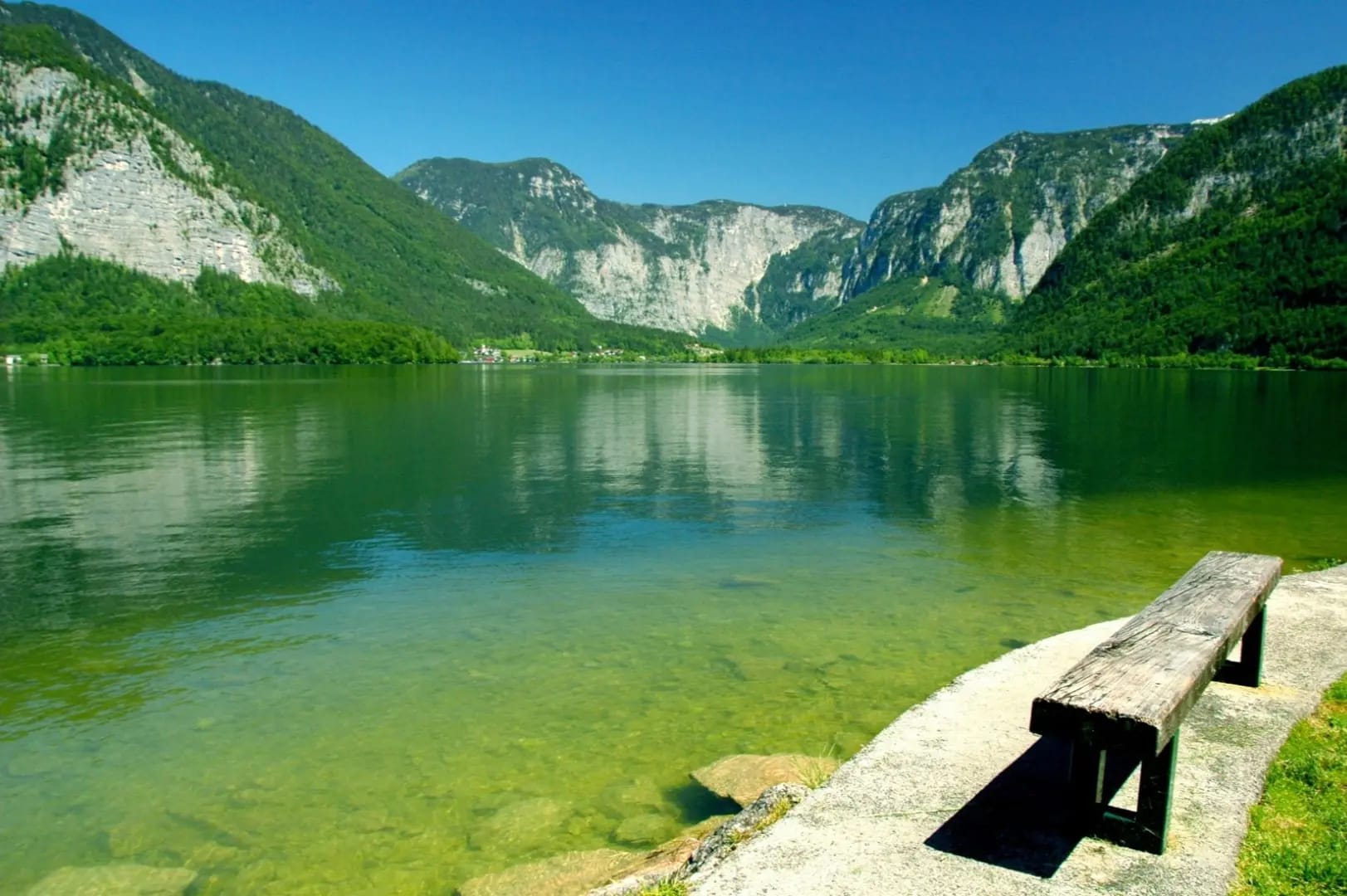 Greenish lake in front of mountains with trees, Zell am See