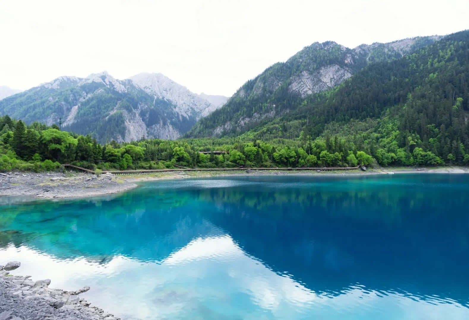 Lake in front of wooded mountains, Jiuzhaigou
