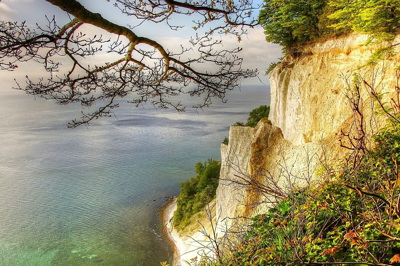 White chalk cliffs of Møns Klint rising from the Baltic Sea on the Danish island of Møn