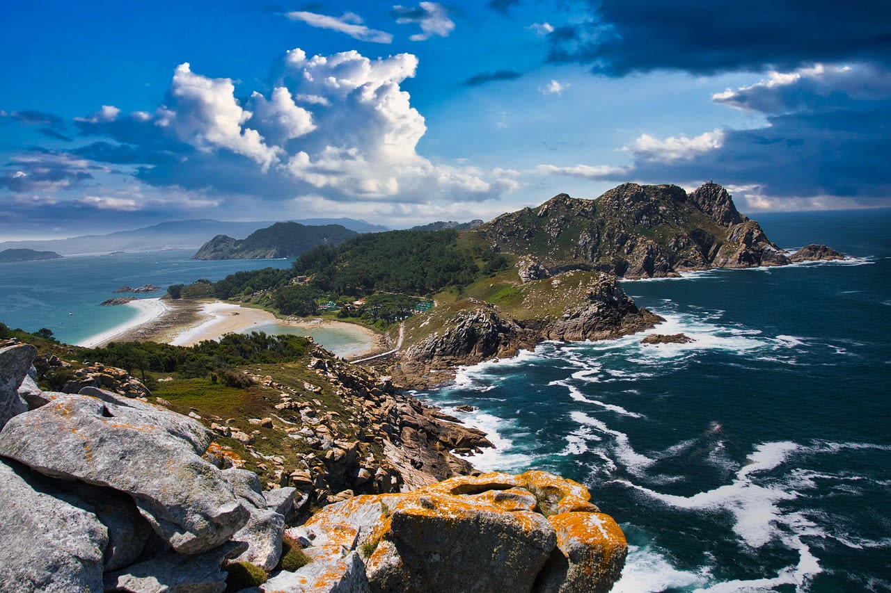 White sand beach and turquoise Atlantic water of the Cíes Islands at the mouth of the Ría de Vigo Galicia