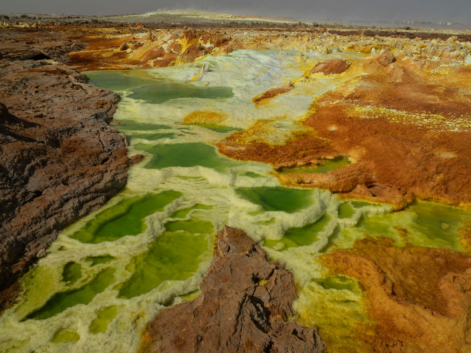 Dallol hydrothermal field with vivid sulphur and acid pools in the Danakil Depression of Ethiopia