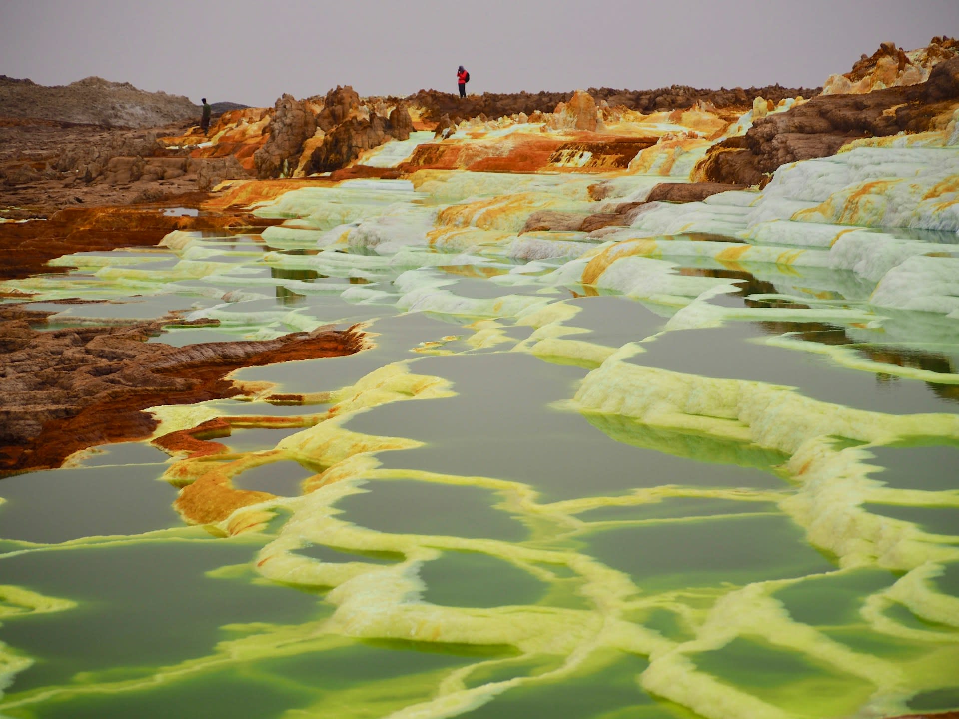 Surreal colourful salt formations and hot springs on the Dallol hydrothermal mound in northern Ethiopia
