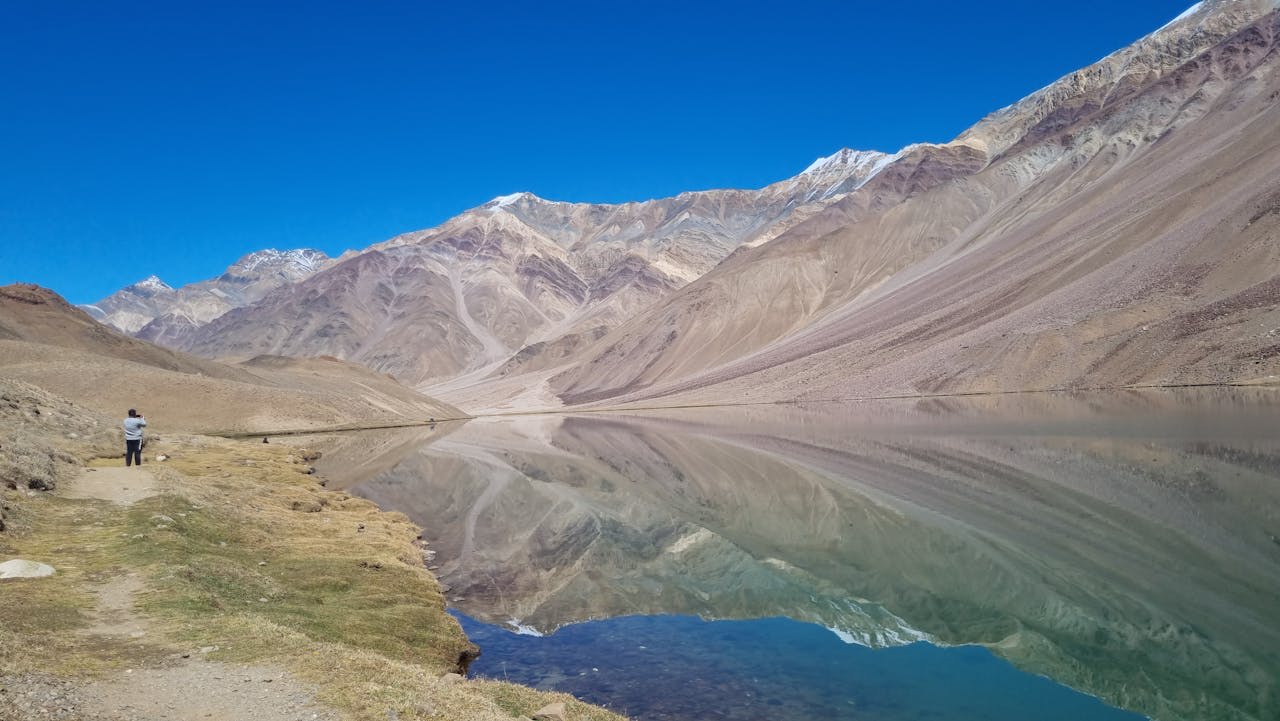 The stark eroded lunar landscape of the Spiti Valley with the Spiti River in the valley floor India