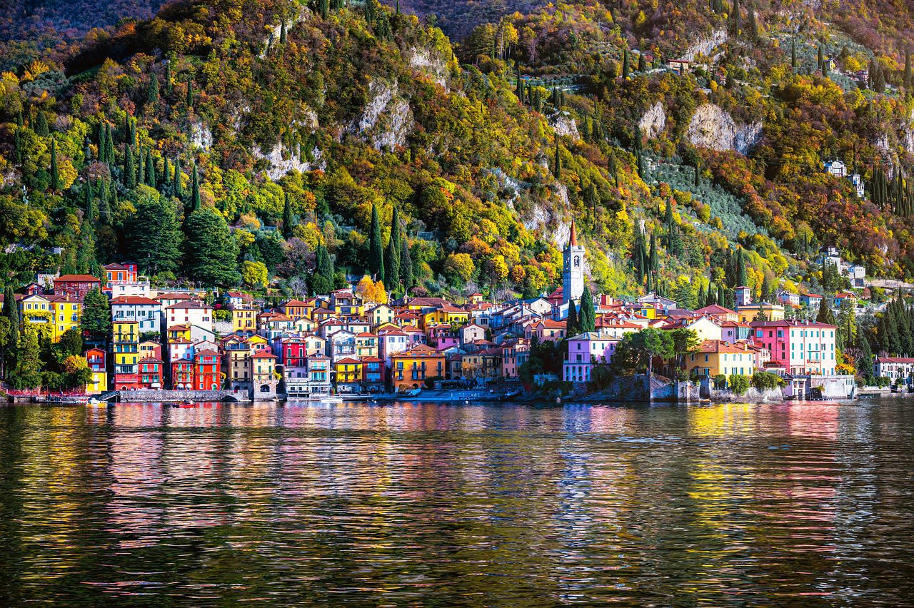 Villa Carlotta lakeside gardens in bloom with azaleas and camellias above the blue waters of Lake Como spring