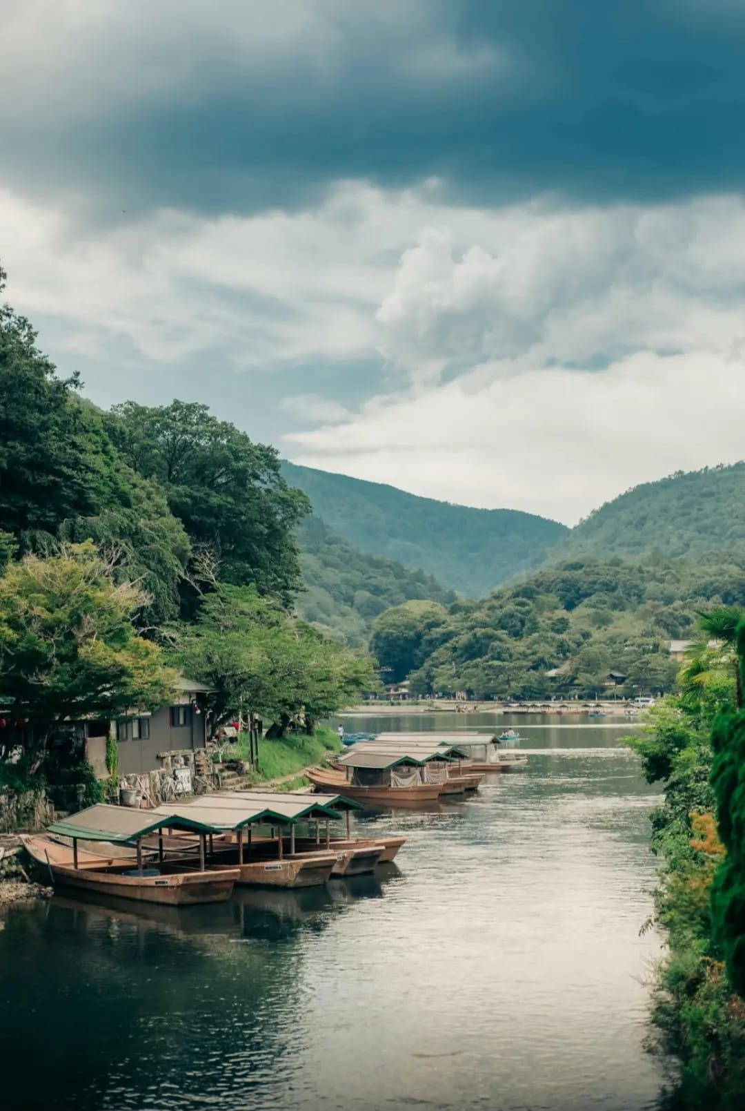  Traditional boats resting on the river next to Arashiyama Bamboo Grove, providing a picturesque view of the tranquil waters and lush bamboo backdrop. 