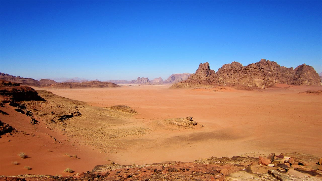 Bedouin camel caravan crossing the red sand flats of Wadi Rum Protected Area Jordan