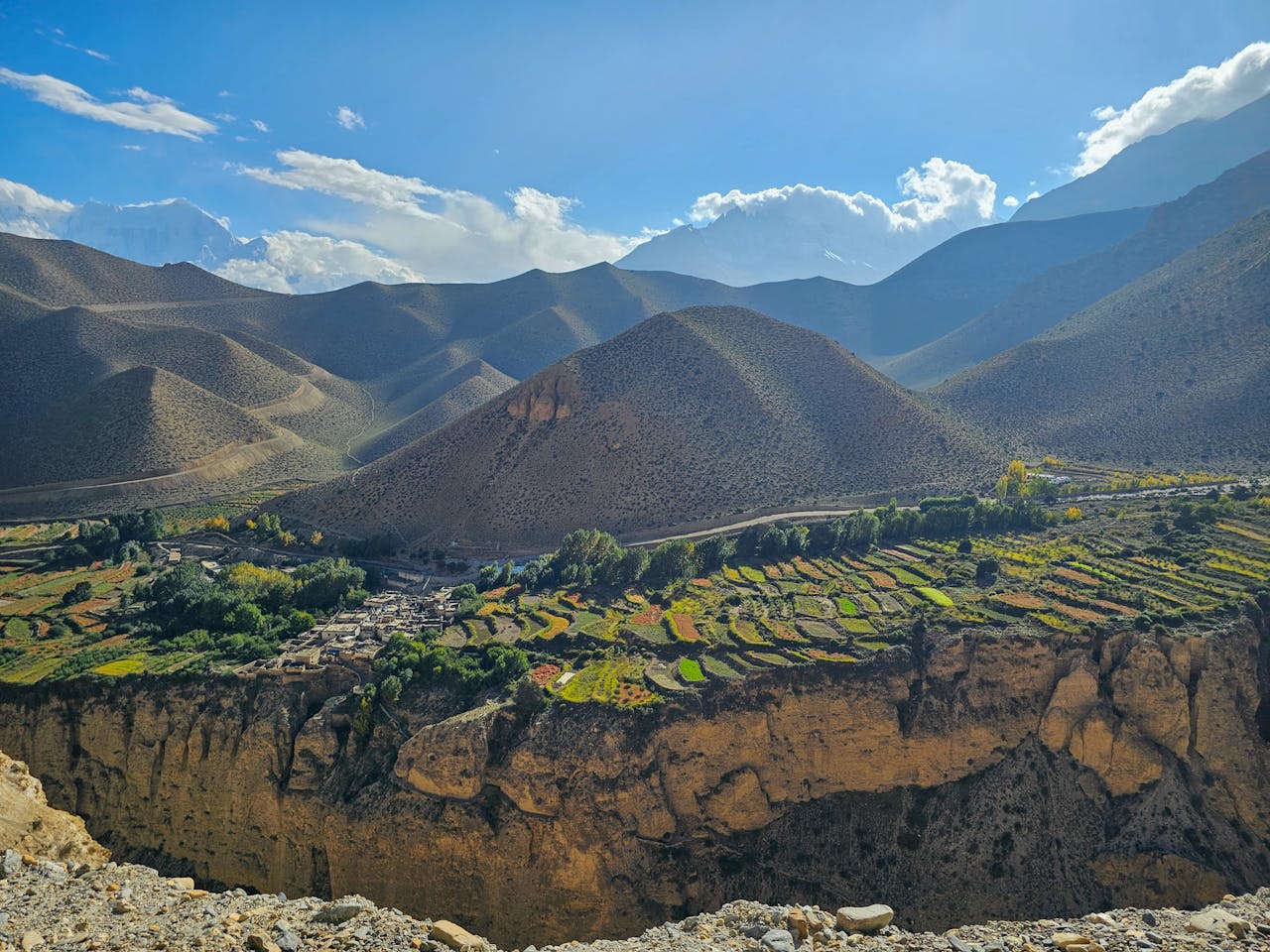 Ochre canyon landscape of Upper Mustang with the walled city of Lo Manthang Nepal