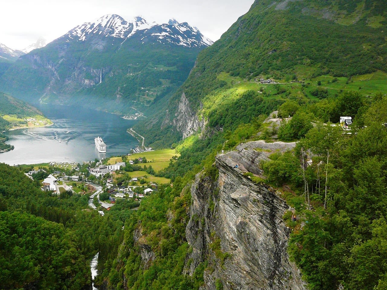 Geirangerfjord emerald waters between towering cliffs in western Norway