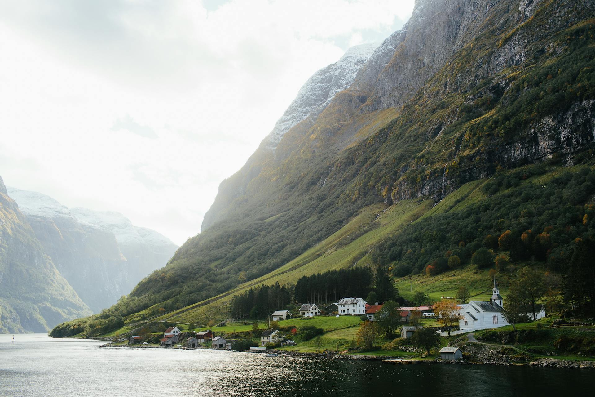 Nærøyfjord narrow passage with vertical cliffs in Sogn og Fjordane Norway