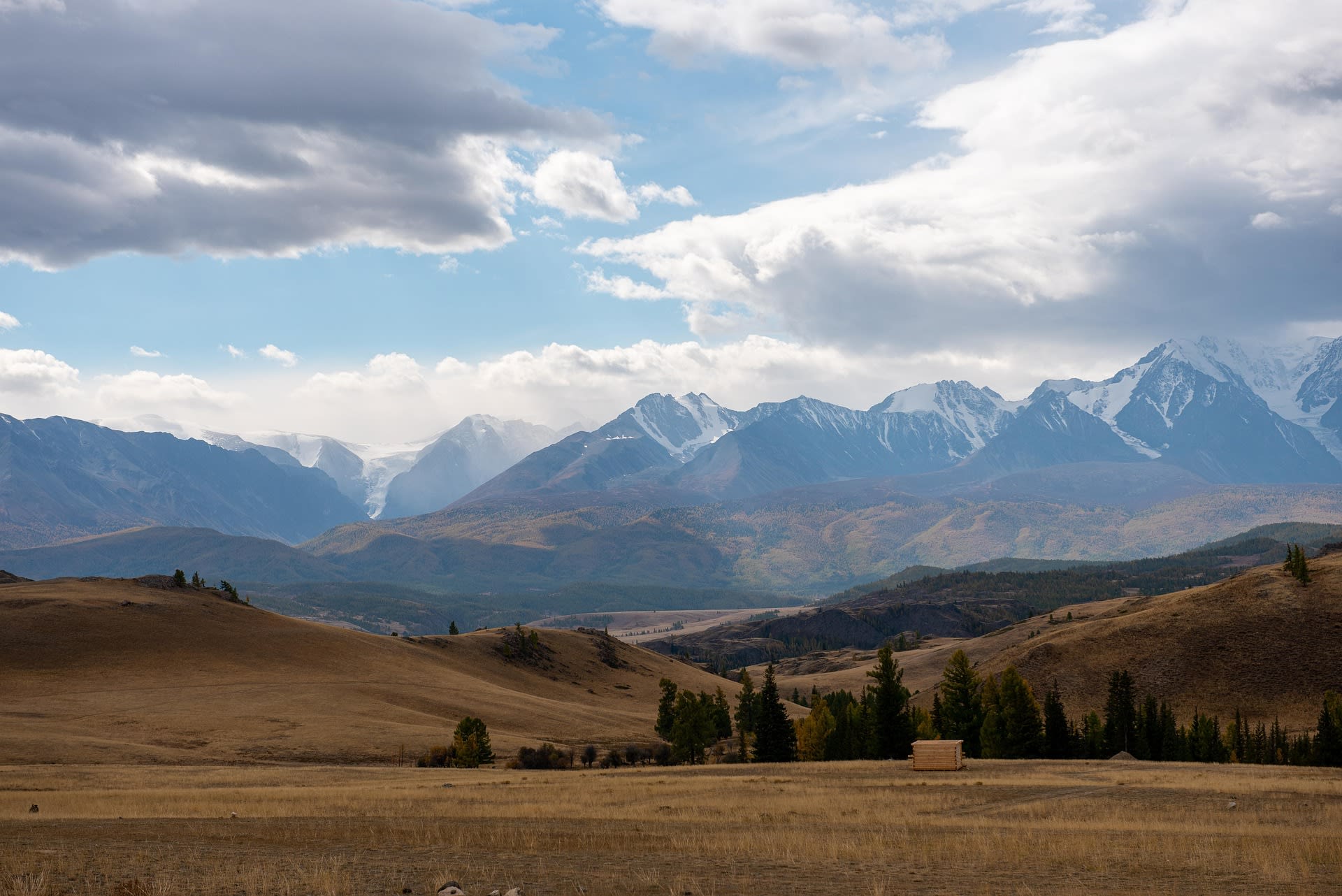 Snow-capped summits and alpine meadows in the Altai Mountains, Russia