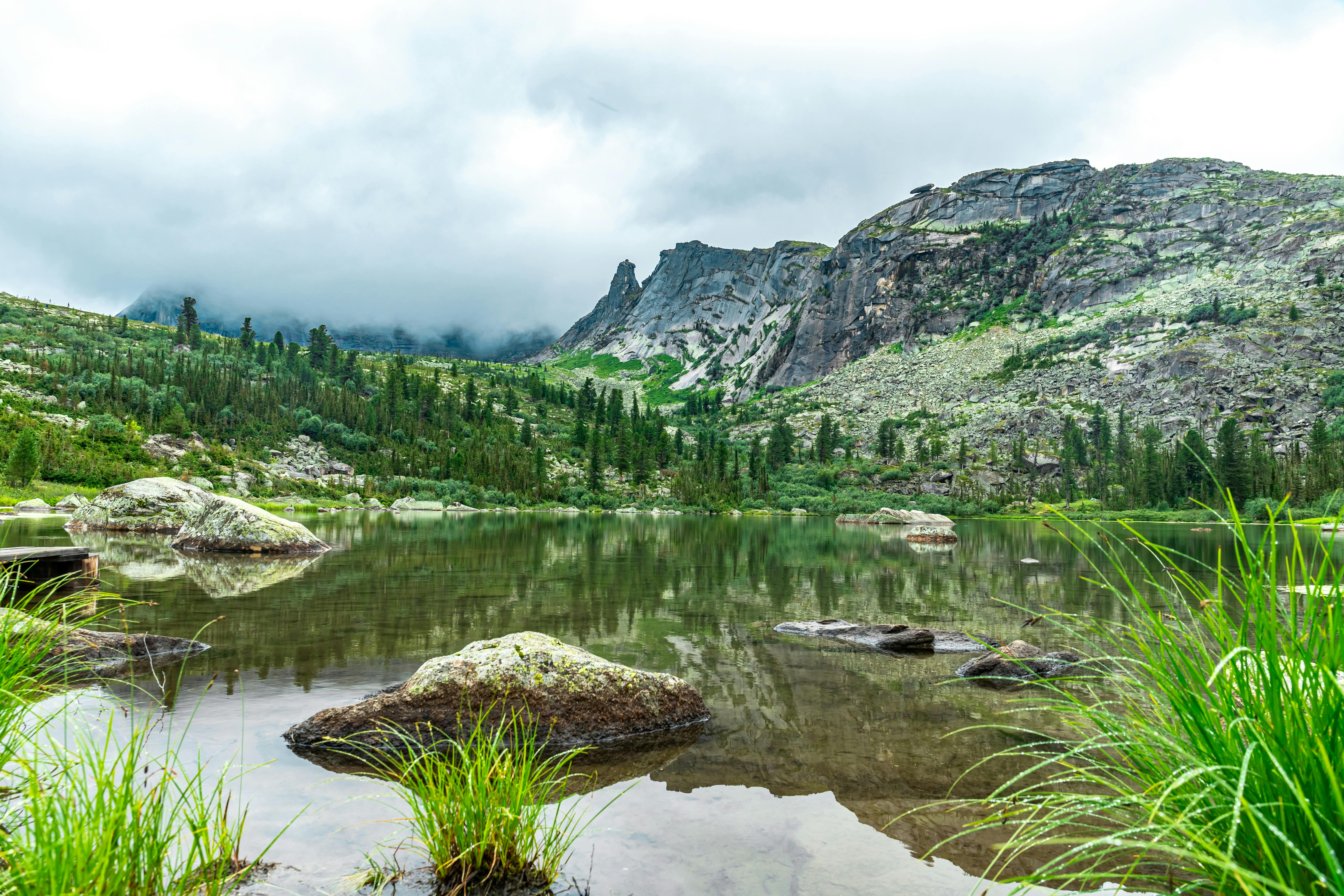 Dramatic rocky peaks and alpine lakes of Ergaki Nature Reserve in Krasnoyarsk Krai, Russia