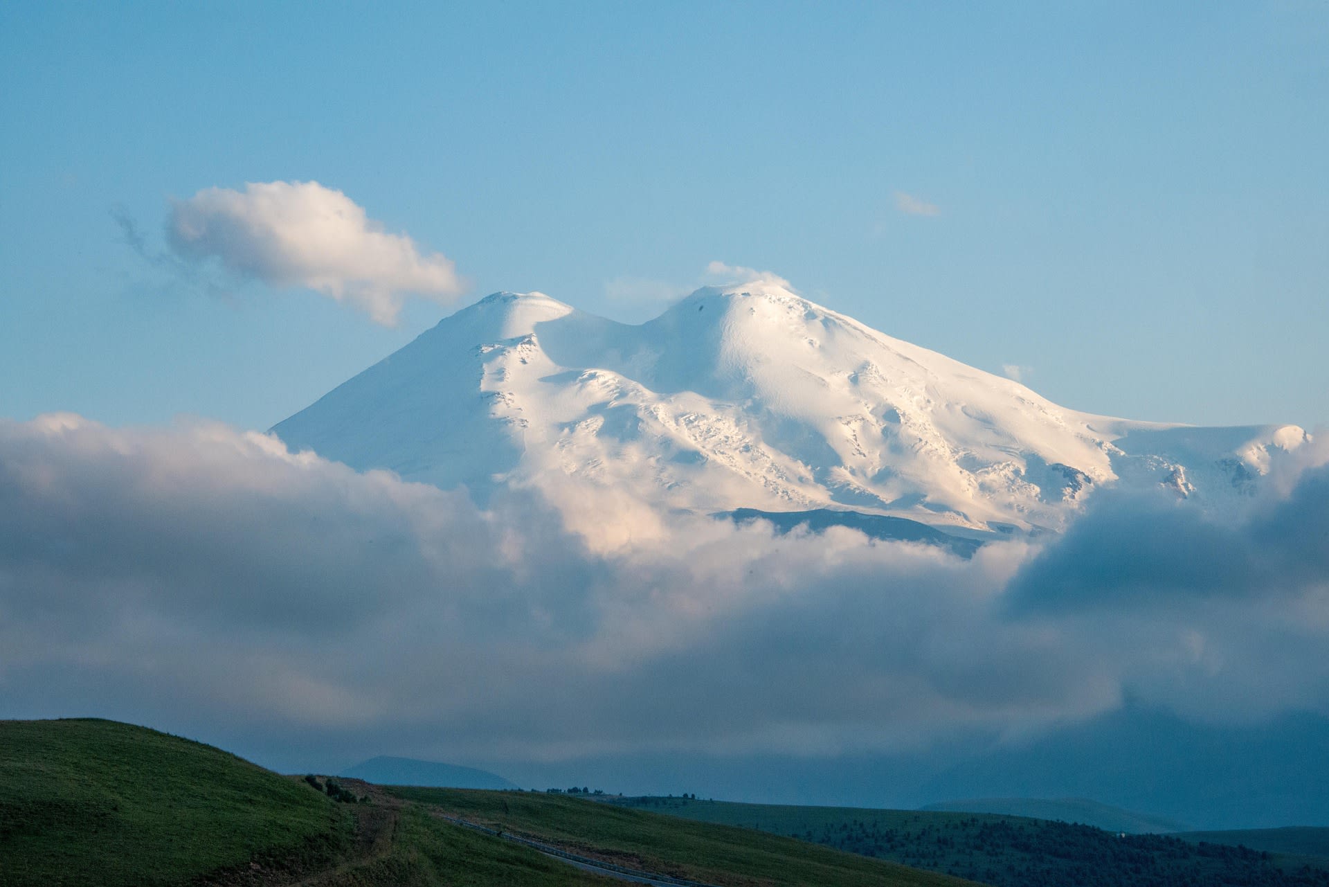 Rocky mountain ridges and glaciers on the approach to Mount Elbrus, Russia