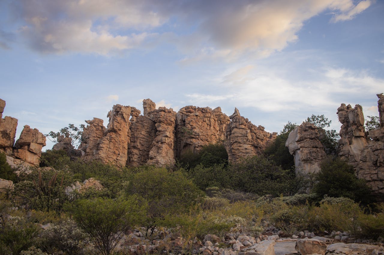 Orange and red sandstone rock formations in the Cederberg Wilderness with fynbos vegetation Western Cape South Africa