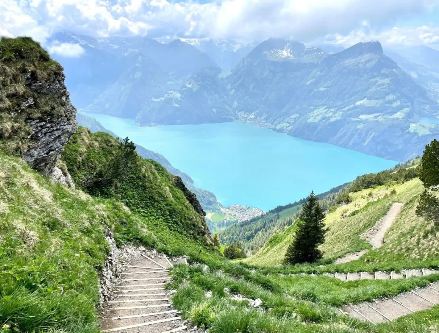 stairs on a mountain descending to a lake, Vierwaldstattersee