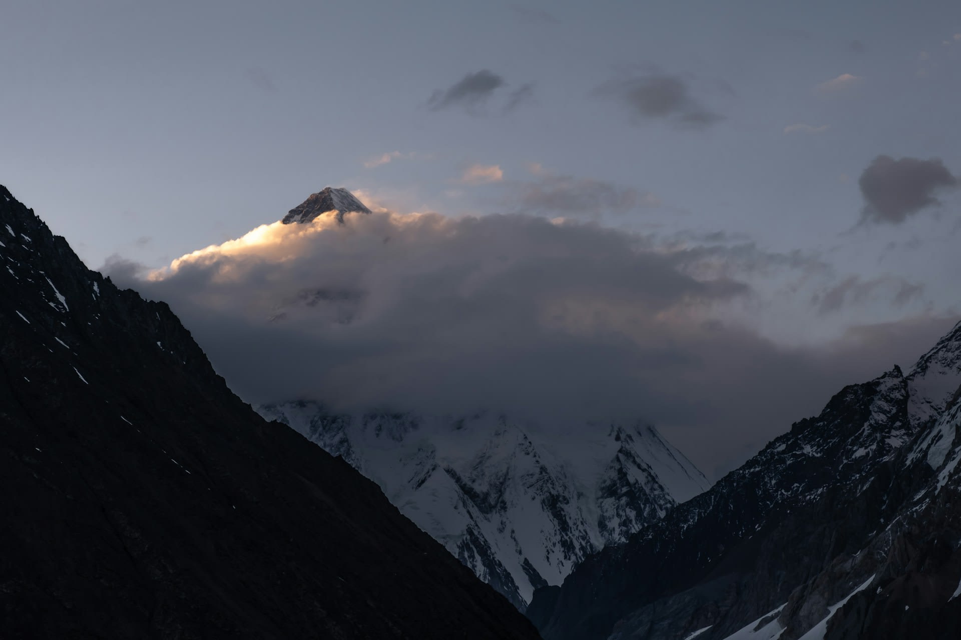K2 summit viewed from the Baltoro Glacier approach route, Karakoram Pakistan