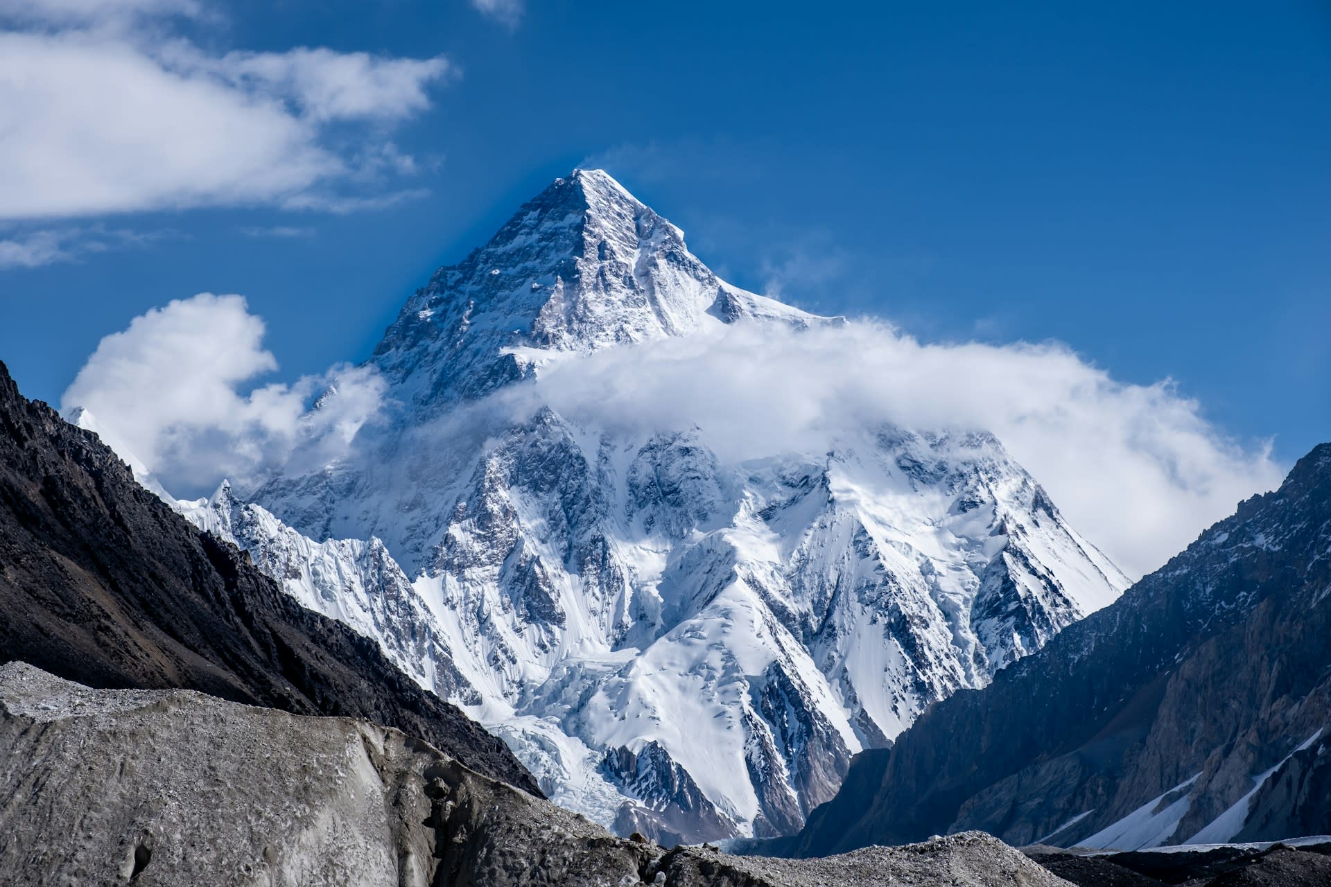 The full Karakoram range with K2 dominating the skyline above massive glaciers, Pakistan