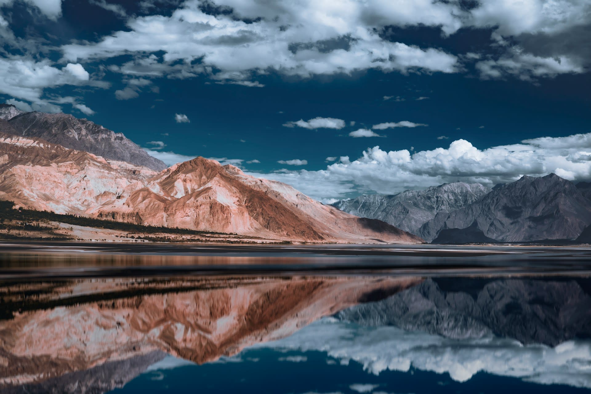 Wide panoramic view of Lake Satpara in the Karakoram landscape near Skardu, Pakistan