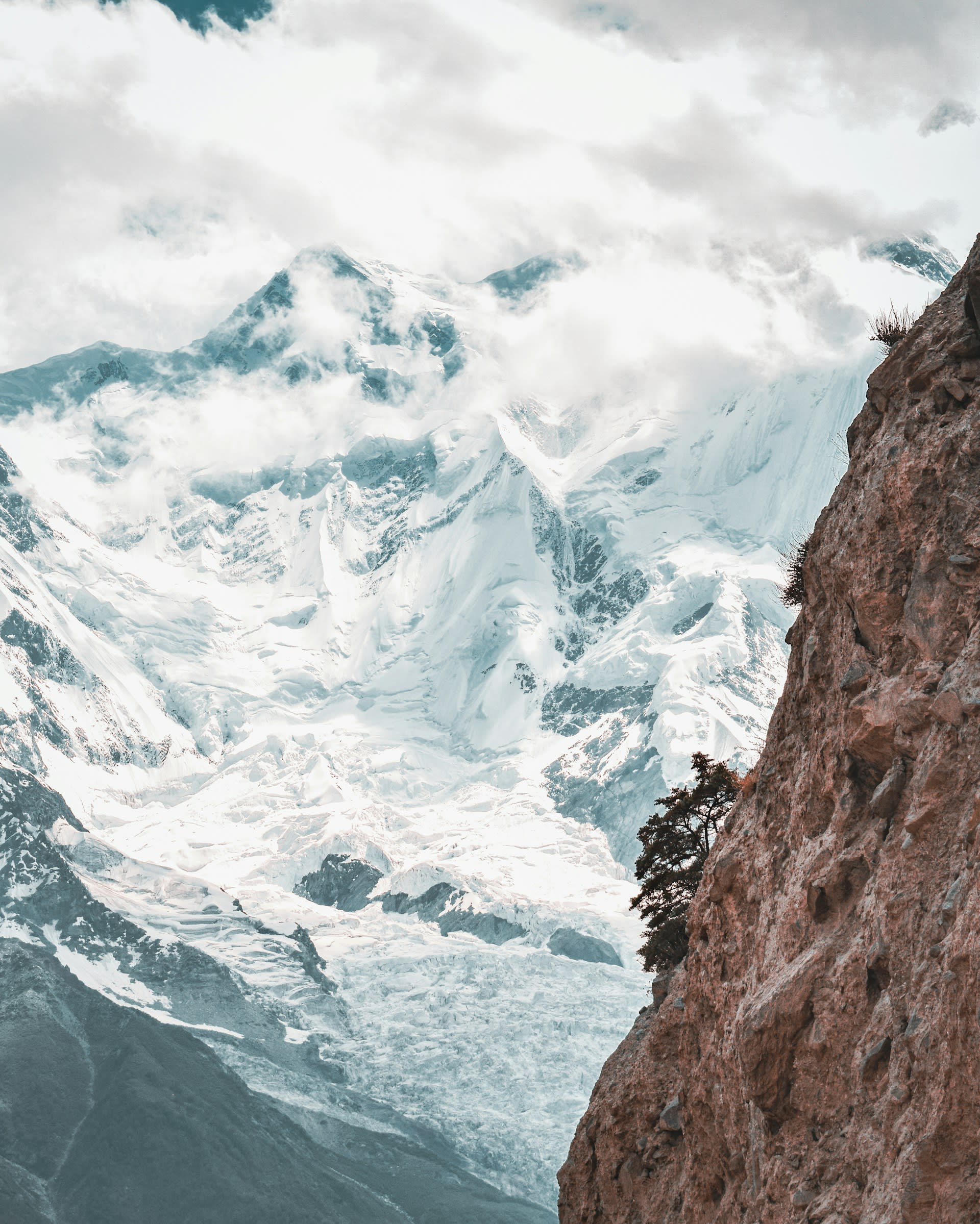 Full profile of Rakaposhi's immense south face above terraced fields in Hunza Valley, Pakistan