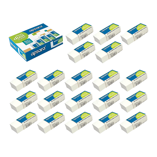 Apsara - Non-Dust Erasers - Smooth, Residue-Free & Long-Lasting Erasers for School, Office & Art (Pack of 20 Eraser)