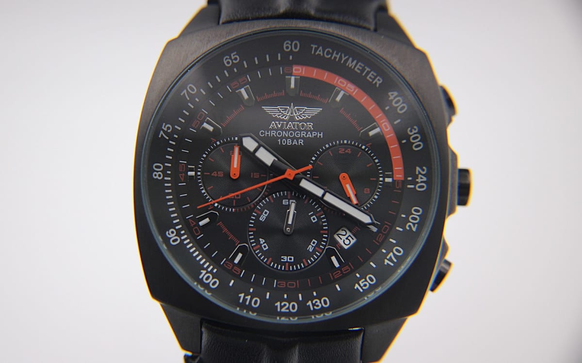 Aviator watch with black dial and black case, 2010s