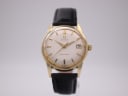 Front view of omega seamaster automatic watch with gold-toned case, cream dial, black leather strap.