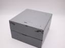 Top view of the closed original grey omega watch box, showing wear on edges.