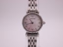 Front view of the Emporio Armani AR-1781 ladies' watch with an iridescent mother-of-pearl dial, silver hands, Roman numerals and a crystal-set bezel.
