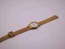 Top-down view of the full gold-tone Toy Watch laid flat, showing the mesh bracelet and clasp.