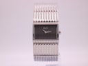 Front view of D&G women's rectangular watch with grey striped dial and integrated silver-tone bracelet.