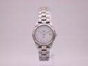Front view of the Tissot PR 50 ladies quartz watch with a white dial and stainless steel bracelet.