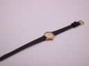 Overhead view of the Tissot watch with its full brown leather strap and gold-coloured buckle against a white background.