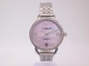 Front view of Stührling Original watch with pink mother-of-pearl dial, crystal-set bezel, and stainless steel bracelet.