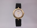 Front view of Raymond Weil 5350 watch with gold case, white dial, and diamond-set bezel on black strap.