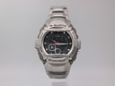 Front view of Casio G-Shock G-510D ana-digi watch with black dial and silver stainless steel case and bracelet.