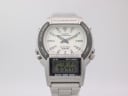Front view of Casio AW-61 ana-digi watch with white dial, digital display, and silver steel bracelet.