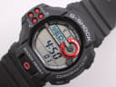 Close-up, angled view of the Casio G-Shock GDF-100 dial, highlighting the digital display, twin sensor text, and red barometer graphic.